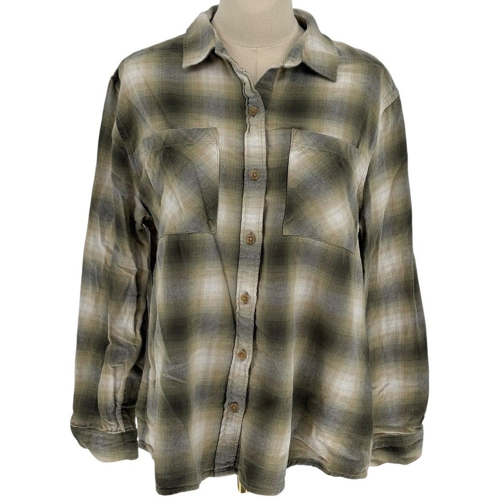 a.n.a Button Up Shirt Olive Green Plaid 100% Cotton Relaxed Fit Large